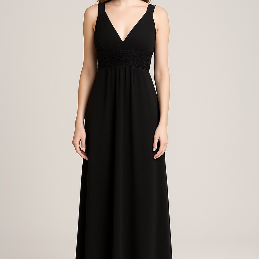 JS Boutique Black Beaded Empire Waist Gown | Size 10 (Formal Evening Dress)